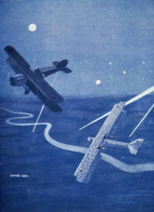 Un caça de Bristol ataca un bombarder alemany Gotha sobre Londres de nit (litografia en color) finlandès tekijältä Geoffrey Watson