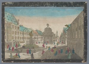 Gezicht op de wijnmarkt te Augsburg Viinimarkkinoiden mahdollisuus ylös Saltz Stadelia kohti S. Ulrichia Augspurgiin (otsikko esineessä) tekijältä Georg Balthasar Probst (possibly)