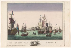 Näkymä Batavian satamaan Batavian reidi (otsikko esineessä) Satamanäkymät (sarjan nimi) tekijältä Georg Balthasar Probst