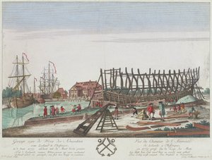 Näkymä Zeelandin amiraliteetin telakalle Vlissingenissä vuonna 1779. Litografia (36,3x49,1 cm), Leizelin kaiverrus Georg Balthasar Probstin (1732-1801) piirroksen pohjalta. tekijältä Georg Balthasar Probst