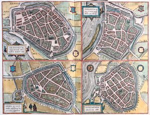 Arnhem, Geltre, Venlo, Roermond - Alankomaat- Georg Braunin "Civitates Orbis Terrarum", Köln 1617. tekijältä Georg Braun