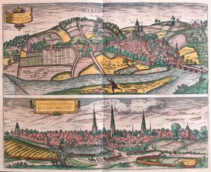Essen ja Werden, Saksa - Georg Braunin teoksessa "Civitates Orbis Terrarum", Köln 1617. tekijältä Georg Braun