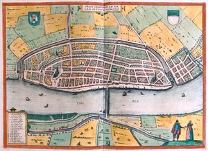 Kampen ja Ysel-joki, Alankomaat - Georg Braunin teoksessa "Civitates Orbis Terrarum", Köln 1617. tekijältä Georg Braun