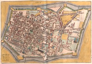 Lucca, Italia - teoksessa "Civitates Orbis Terrarum", Georg Braun, Köln 1617. tekijältä Georg Braun