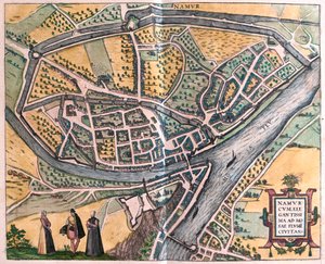 Namur ja Mosa-joki, Belgia - Georg Braunin teoksessa "Civitates Orbis Terrarum", Köln 1617.