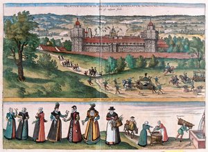 Nonsuch (palatsi Surreyssä), Englanti - Georg Braunin teoksessa "Civitates Orbis Terrarum", Köln 1617. tekijältä Georg Braun