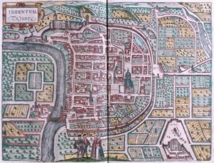 Trento, Italia - Georg Braunin teoksessa "Civitates Orbis Terrarum", Köln 1617. tekijältä Georg Braun