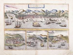 Näkymä Kalkuttaan, Intiaan ja pienempien näkymien alla Ormuziin Persianlahden suulla, Canonoriin Intiassa ja portugalilaiseen El Mina -linnoitukseen Länsi-Afrikassa, 1572