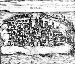 Näkymä Mombazasta, Georg Brauns Civitates orbis terrarum, julkaistu vuonna 1572, kaiverrus yksityiskohta numerosta 483404 tekijältä Georg Braun und Franz Hogenberg