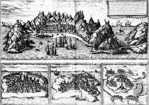 Näkymiä Adeniin, Mombazaan, Quiloaan ja Cefalaan Georg Braunin vuonna 1572 julkaistusta Civitates orbis terrarumista