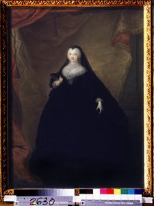 ""Elisabeth Petrovnan (1709-1762) muotokuva Venäjän keisarinnasta Elisabeth I:n nimellä, Pietari Suuren tytär"" Hän on naamioitunut, pitää maskia kädessään. Georg-Christophin (Georg Christoph) Groothin (1716-1749) maalaus 1748 State Tretyakov G