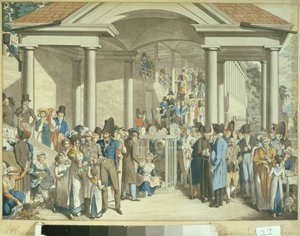Terveysyhteisö Karlsbaderin suihkulähteellä, 1810 (akvatintapiirros) tekijältä Georg Emanuel Opitz