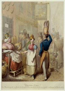 Tableau de Paris: rue de la rue Montorgueil ja kahvilaravintola "Le Rocher de Cancale" Pariisissa. Katukauppiaat ja ohikulkijat. Saksalaisen George Emanuel Opitzin (1775-1841) litografia tekijältä Georg Emanuel Opitz