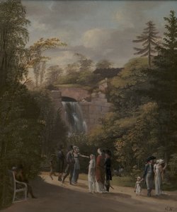 Tanskaksi: Vandfaldet i Frederiksberg Have The Waterfall in Frederiksberg Garden (Vesiputous Frederiksbergin puutarhassa) tekijältä Georg Friedrich Kersting