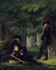 Saksa: Theodor Körner, Friedrich Friesen ja Heinrich Hartmann etuvartioasemalla Etuvartioasemalla tehtävässä. tekijältä Georg Friedrich Kersting