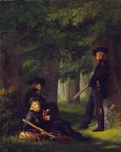 Saksa: Theodor Körner, Friedrich Friesen ja Heinrich Hartmann etuvartioaseman palveluksessa. tekijältä Georg Friedrich Kersting