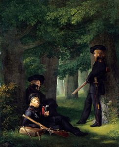 "" Avant-Poste "" (Outpost Duty) (Theodor Koernerin (1791-1813, preussilainen runoilija ja sotilasmies), Karl Friedrich Friesenin (1784-1814, kouluttaja ja ranskalainen ampuja) ja Heinrich Hartmannin muotokuvat) Georg Friedrichin maalaus Kersting (1785-184