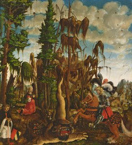 Pyhä Yrjö pelastamassa prinsessaa lohikäärmeeltä, 1520 tekijältä Georg Lemberger