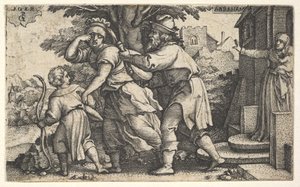 Abraham lähettää pois Hagarin ja Ismaelin: Abraham pitää esille astiaa kuten Hagar ja Ism..., n. 1543. tekijältä Georg Pencz