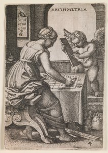 Arithmetria, sarjasta "Vapaat taidot", noin 1541 (kaiverrus). tekijältä Georg Pencz