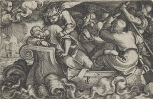 Kristus nukkuu myrskyn aikana Tiberiasjärvellä, Kristuksen tarina, 1534-35. tekijältä Georg Pencz