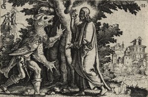 Paholaisen kiusaama Kristus autiomaassa (kaiverrus paperille) tekijältä Georg Pencz