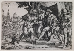 Cloelia ja etruskikuningas Porsenna, noin 1536-37 (kaiverrus). tekijältä Georg Pencz