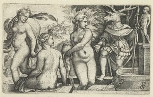 Diana muuttaa Acteonin hirviksi rangaistuksen vuoksi tekijältä Georg Pencz