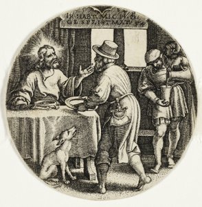 Nälkäisten ruokkiminen, seitsemästä laupeuden teosta tekijältä Georg Pencz