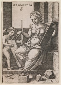 Geometria, sarjasta "Vapaat taidot", noin 1541 (kaiverrus). tekijältä Georg Pencz