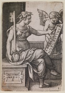 Grammatica, sarjasta "Vapaat taidot", noin 1541 (kaiverrus). tekijältä Georg Pencz