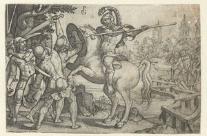 Horace Cocles puolustaa Tiberin ylittävää siltaa Tarinoita varhaisen Rooman historiasta (sarjan nimi) tekijältä Georg Pencz