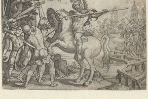 Horace Cocles puolustaa Tiberin ylittävää siltaa Tarinoita varhaisen Rooman historiasta (sarjan nimi) tekijältä Georg Pencz