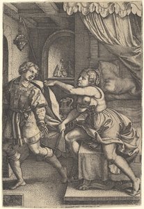 Joosef astuu pois Potifarin vaimon luota, joka puristaa vaippaansa molemmin käsin, kun hän st..., 1546. tekijältä Georg Pencz