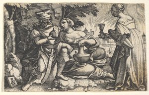 Lot ja hänen tyttärensä: keskellä oleva tytär lepää oikean kätensä Lotsin polvella ja ve..., n. 1531. tekijältä Georg Pencz