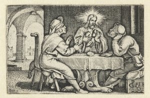 Ruokailu Emmauksessa Kristuksen elämä (sarjan nimi) tekijältä Georg Pencz