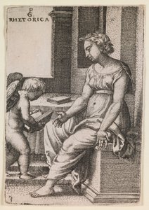 Rhetorica, sarjasta "Vapaat taidot", noin 1541 (kaiverrus). tekijältä Georg Pencz