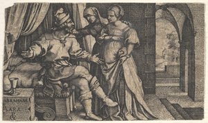 Sarah esittelee Hagaria sängyn juurella istuvalle Abrahamille sarjasta The..., ca. 1543. tekijältä Georg Pencz