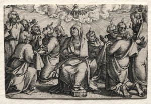 Jeesuksen Kristuksen elämä: Pyhän Hengen laskeutuminen, n. 1534-35. tekijältä Georg Pencz