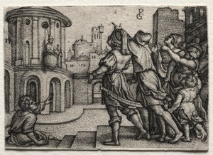 Vergilius roikkuu korissa, n. 1541-42. tekijältä Georg Pencz
