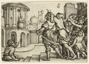 Virgil taikuri roikkuu korissa tekijältä Georg Pencz