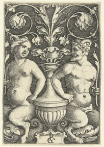Nainen ja mies satyyri Pintakoristeet groteskeilla ja lehtiköynnöksillä (sarjan nimi) tekijältä Georg Pencz