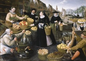 Syksyn allegoria: hedelmä- ja vihanneskoju Weinmarktin yläpuolella Frankfurt am Mainissa tekijältä Georg and Valkenborch Lucas Van Flegel
