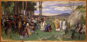 Anschaire (Oscar) de Breme (801-865) preche le christianisme en Scandinavie - Ansgar Preaching Christianity, kirjoittanut Pauli, Georg (1855-1935). Öljy kankaalle. Mitat: 64 x 136 cm. Tukholman kansallismuseo