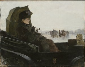 Nainen vaunuissa, Pariisi - Lady landau-vaunuissa, Pariisi, kirjoittanut Pauli, Georg (1855-1935). öljy puulle