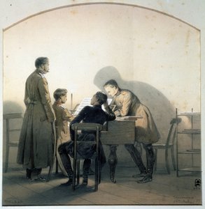 Pianolla (At the piano). Venäläiset sotilaat soittivat pianoa Krimin sodan aikana. George Wilhelm Timmin (1820-1895) maalaus. Akvarelli ja kynä paperille, 20,8 x 20,1 cm