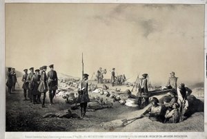 Suurruhtinaat Nikolai Nikolajevitš ja Mikael Nikolajevitš vierailemassa uudelleenjärjestelyssä hyökkäyksen jälkeen 12. helmikuuta 1855 (litografia)