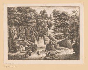 Vesiputous metsässä, jossa kaksi kalastajaa etualalla tekijältä Georg Wolfgang Knorr (possibly)