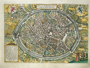 Belgia, Bruggen kartta maailman kaupungeista Georg Braunin (1541-1622) ja Franz Hogenbergin (1540-1590), Köln, kaiverrus tekijältä Georg Braun and Hogenberg Franz