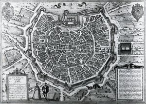 Milanon kaupunkikartta vuodelta 1572, Antonio Lafreri (1512-1577), julkaisijat Georg Braun ja Franz Hogenberg, Italia tekijältä Georg Braun and Hogenberg Franz